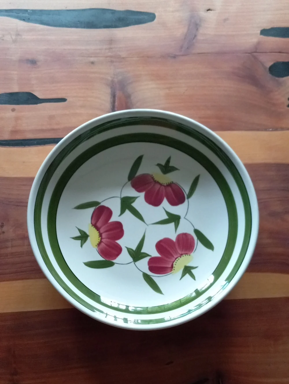 Pink Floral Ceramic Ironstone Ware Serving Bowl with Green Trim